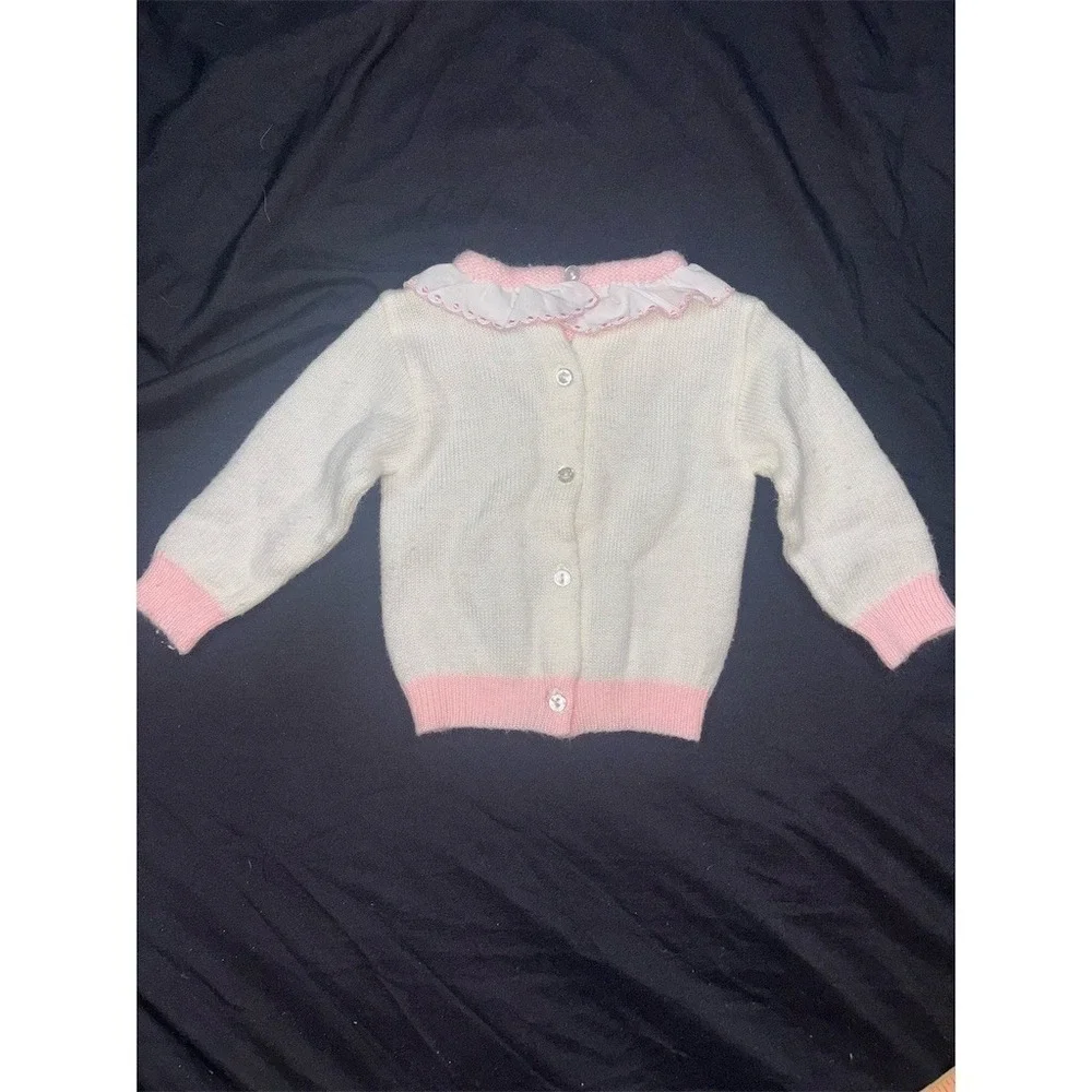 Newknit Baby Girl Cardigan Sweater White Pink Ruffle Collar Buttons 3-6M vintage